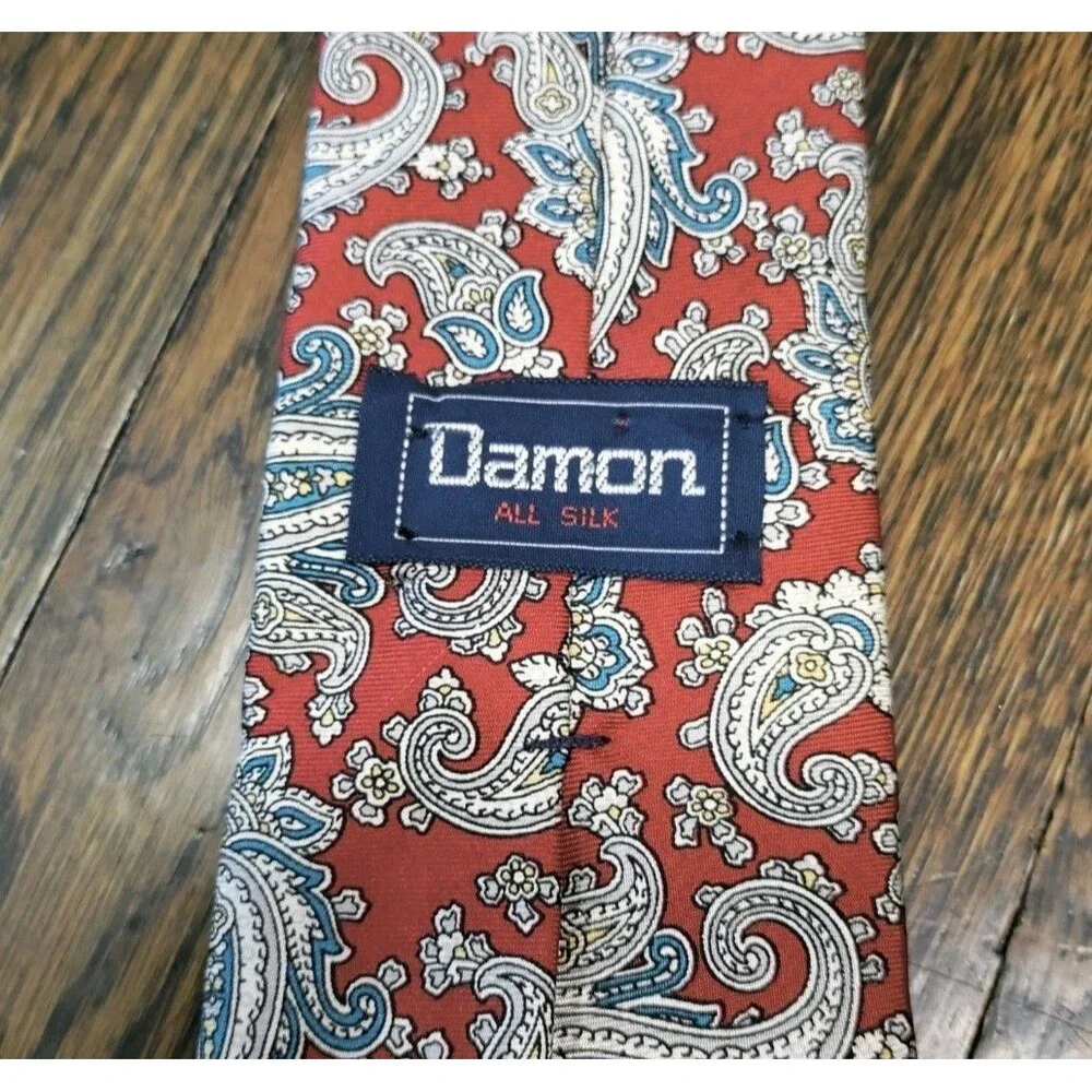 Vintage Damon 100% Silk Tie Red Blue Paisley Men's Necktie Made In USA 59x3.25